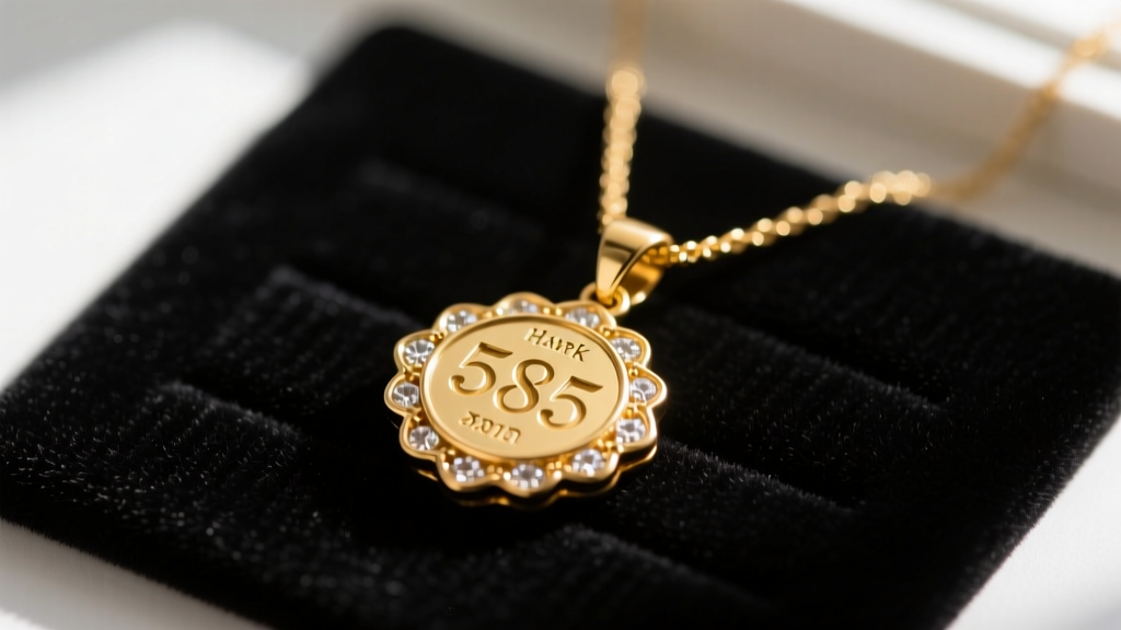 Loupe view of a 585 hallmark stamped on the bail of a delicate gold pendant necklace, resting on a dark velvet jewelry grading mat
