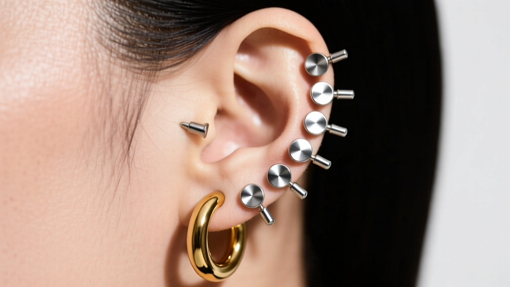 Side profile of a curated ear stack showing 16g titanium flat-back labrets in the helix and a seamless gold huggie in the lobe
