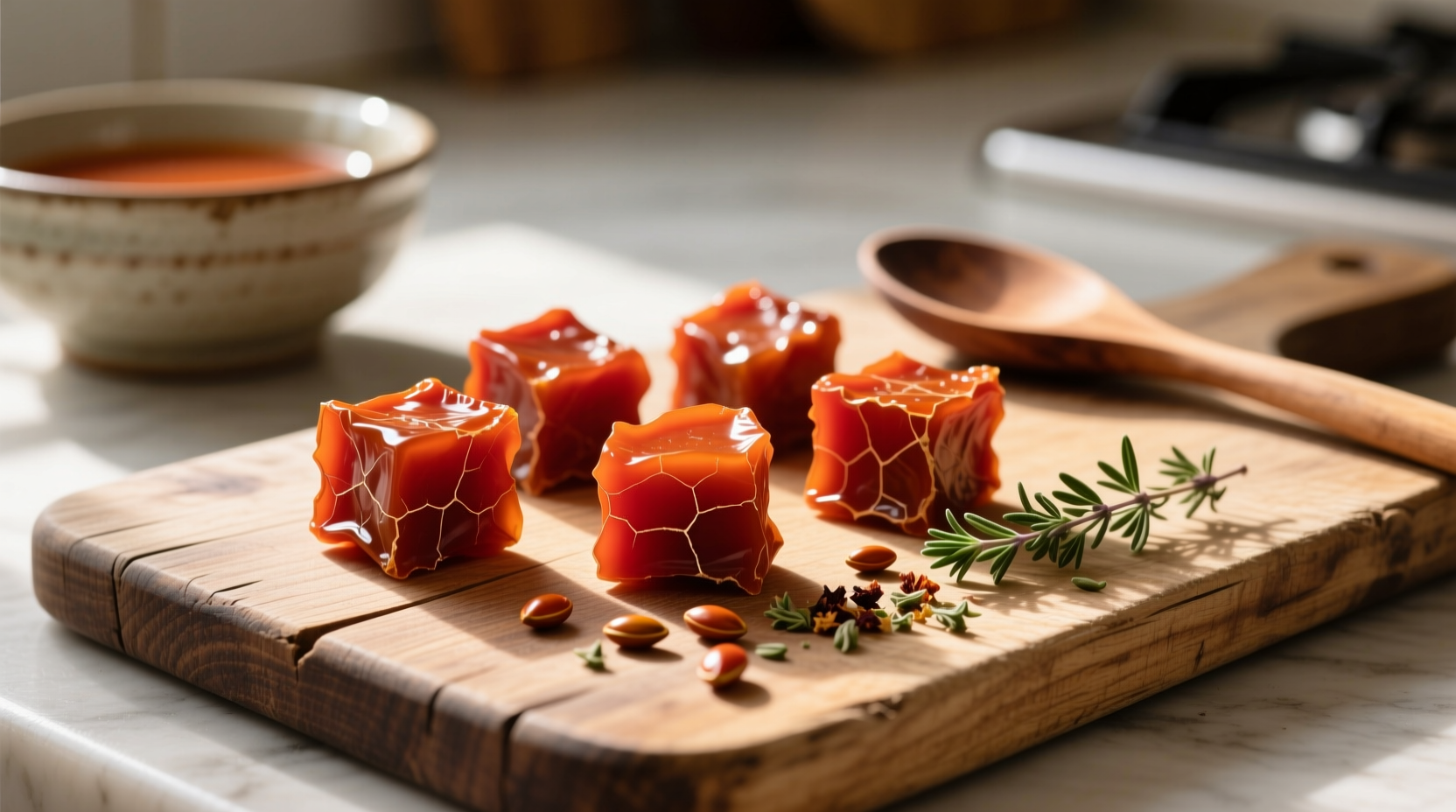 Homemade tomato bouillon cubes on wooden cutting board