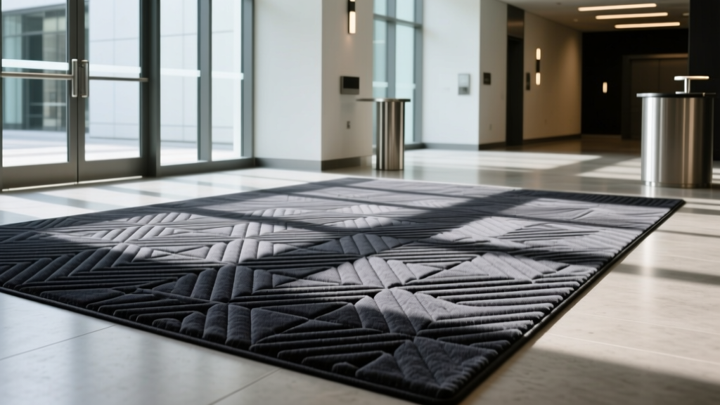 Close-up of a high-traffic commercial lobby featuring a tightly woven solution-dyed nylon area rug in geometric charcoal patterns