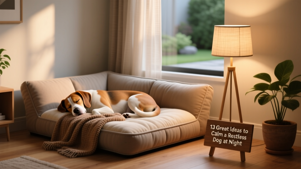 A well-appointed dog sleeping nook with a plush orthopedic bed, soft blanket, and calming ambient lighting