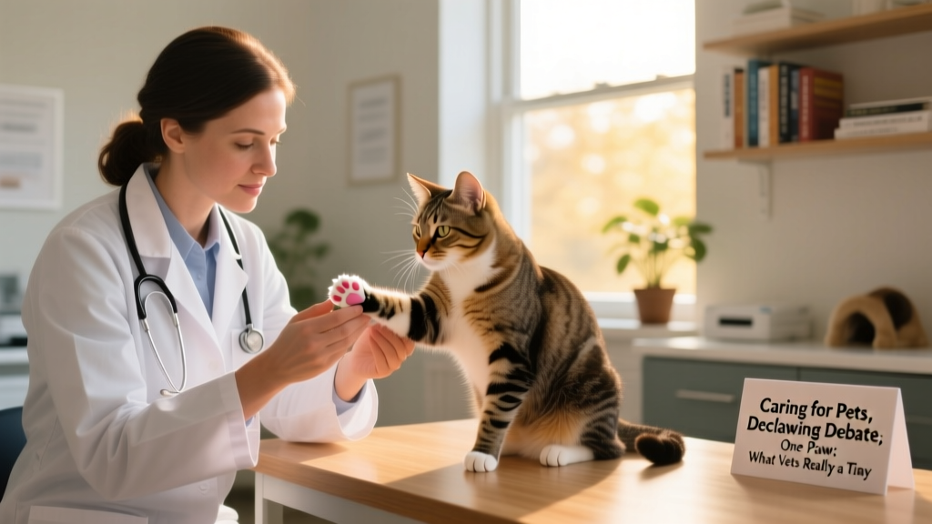 Veterinarian gently examining a cat's front paw during a pre-surgical consultation