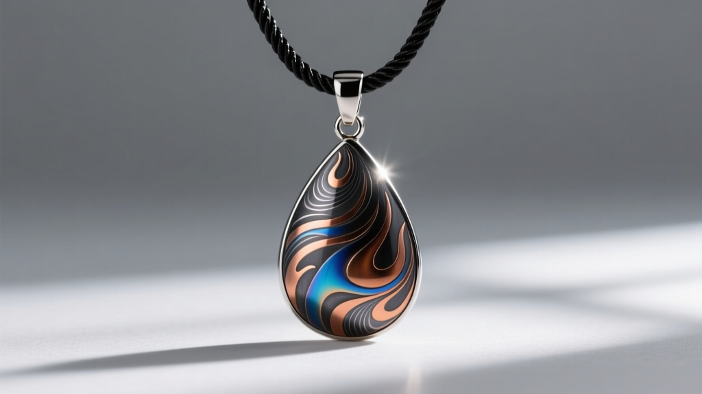Close-up of a raindrop pattern damascus steel teardrop pendant on a black titanium rope chain against a minimalist grey backdrop