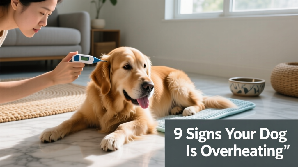 Owner using a handheld thermometer to check dog's temperature while dog rests on cool tile floor