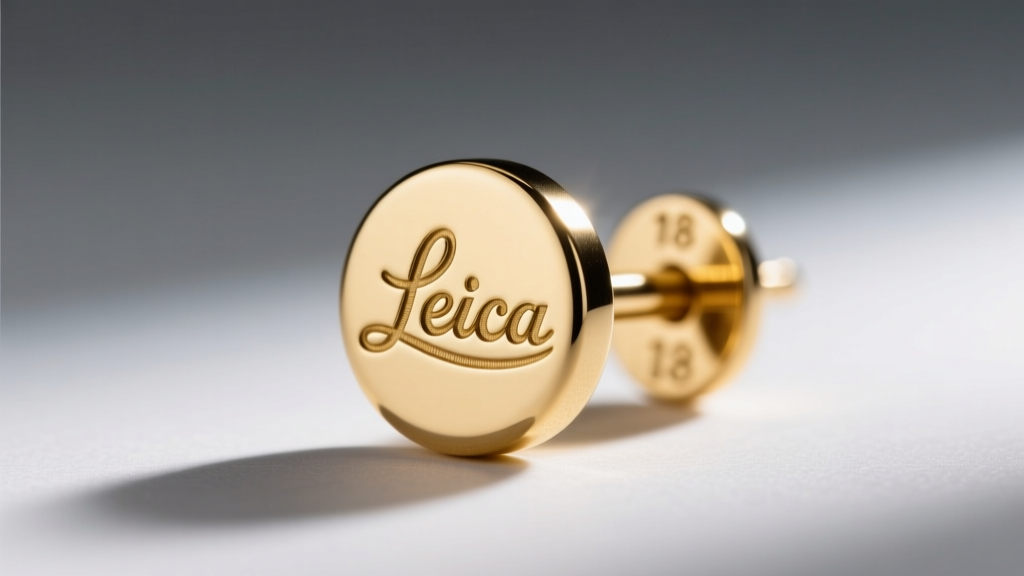 Macro shot of an 18-gauge gold-plated earring post, revealing a crisp laser-engraved designer logo on the polished metal base.