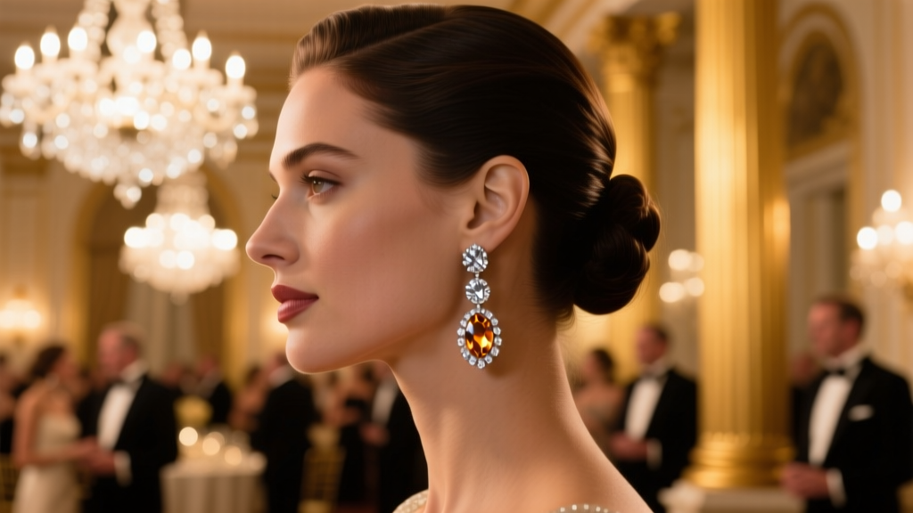 Side profile of a woman wearing diamond pavé drop earrings catching the warm ambient light of an exclusive luxury evening gala.
