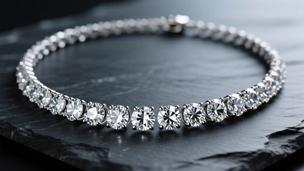 Close-up of a 16-inch graduated diamond tennis necklace on dark slate, highlighting the intricate four-prong settings and sparkle.