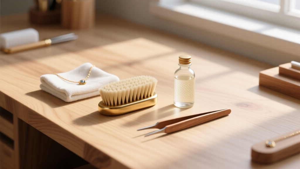 Flat lay of jewelry cleaning tools: soft brass brush, microfiber cloth, mild soap, and wooden tweezers on a light oak workbench.