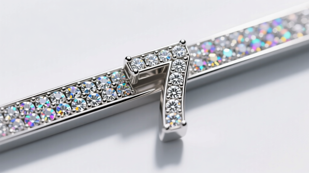 Microscope view of micro-pave diamond bead settings along the top horizontal bar of a polished platinum number 7 pendant blank.