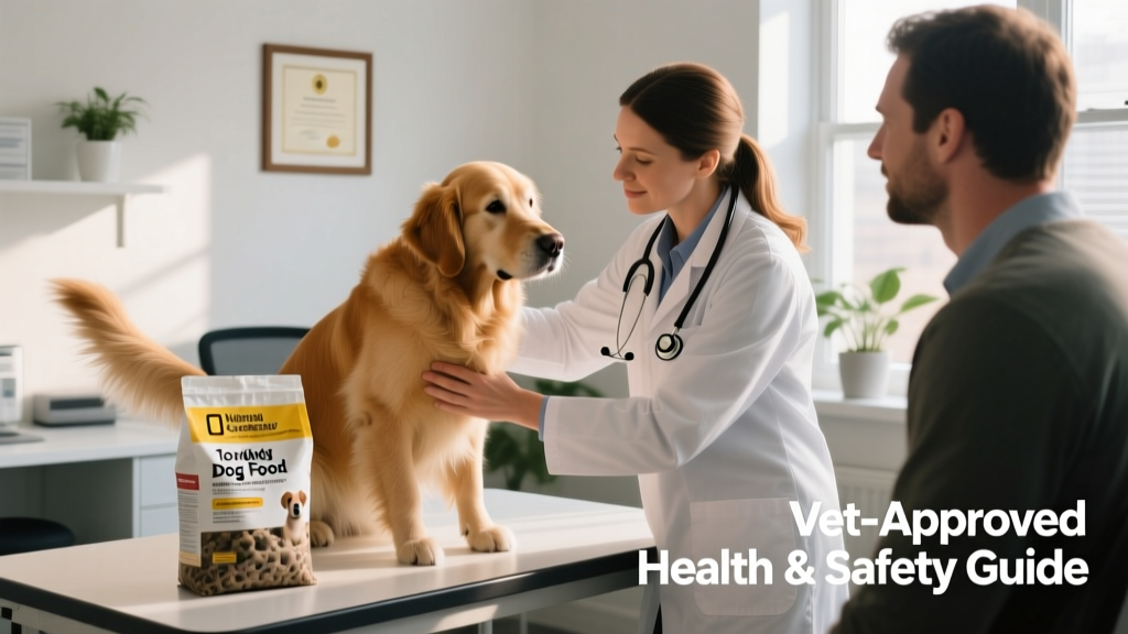 Veterinarian examining a dog during an office visit, with a bag of dog food visible on the exam table