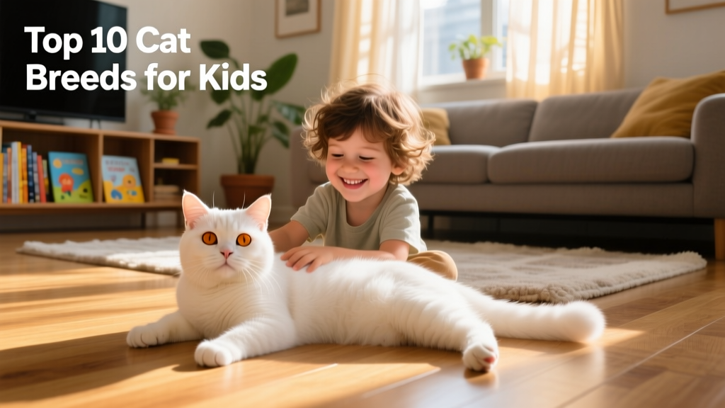 A smiling child gently petting a relaxed American Curl cat on the living room floor
