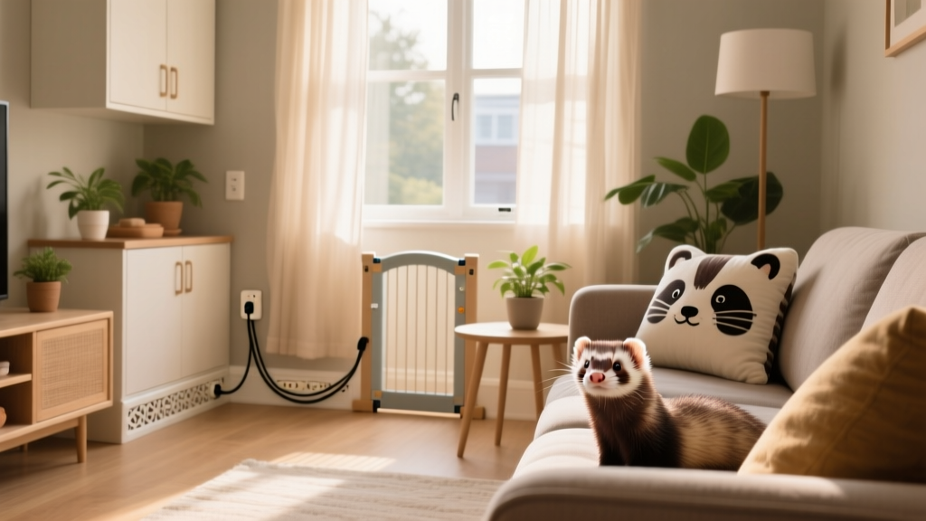 Ferret-proofed living room with covered cords, secured cabinets, and visible baby gates near baseboards