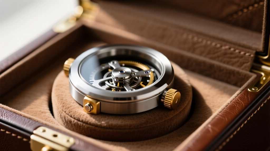 Macro shot of a mechanical watch winder inside a leather box showing the rotating cushion and metallic accents in sharp focus.