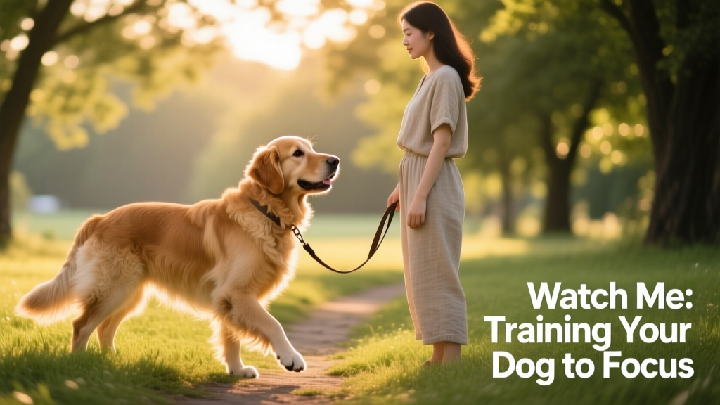 A dog making eye contact with their person outdoors, leash loose, calm and attentive