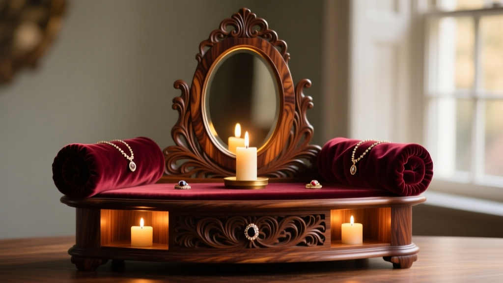 Carved burl walnut Victorian antique jewelry stand with velvet ring rolls and central mirror, illuminated by warm candlelight glow