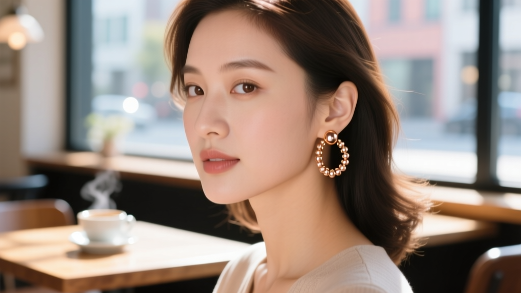 Woman wearing 18-gauge rose gold-filled beaded ball huggie earrings in natural sunlight against a softly blurred cafe background.