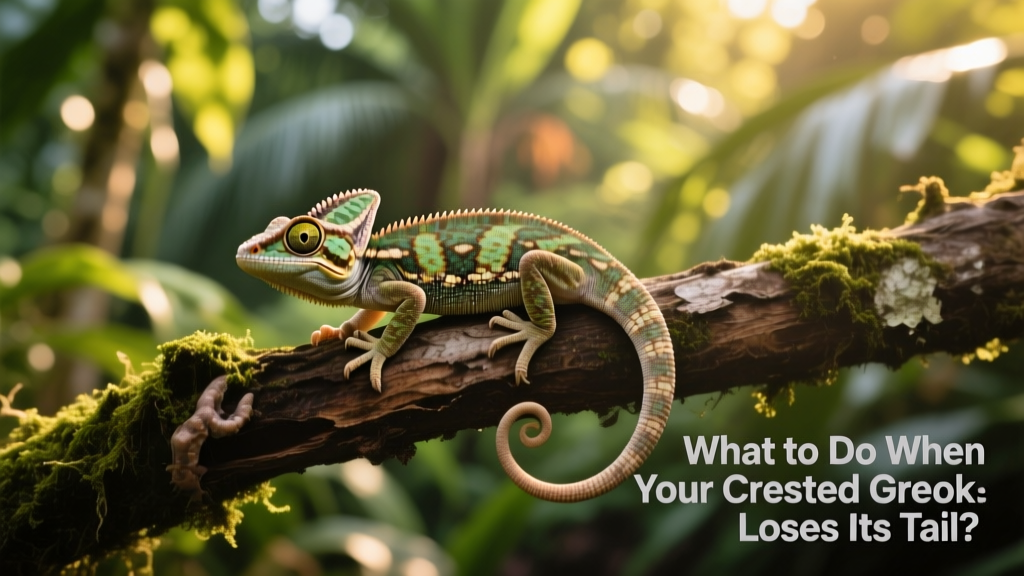 Crested gecko perched calmly on a branch, showing its natural posture and tailless rear end