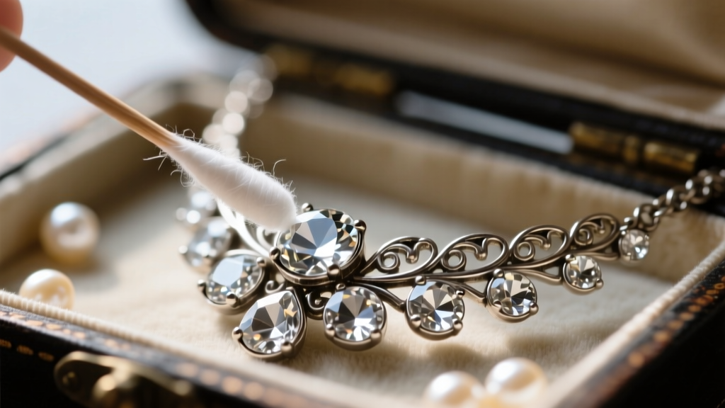 Macro shot of a cotton swab cleaning the rhodium setting of a vintage necklace, carefully avoiding the glued glass rhinestones.