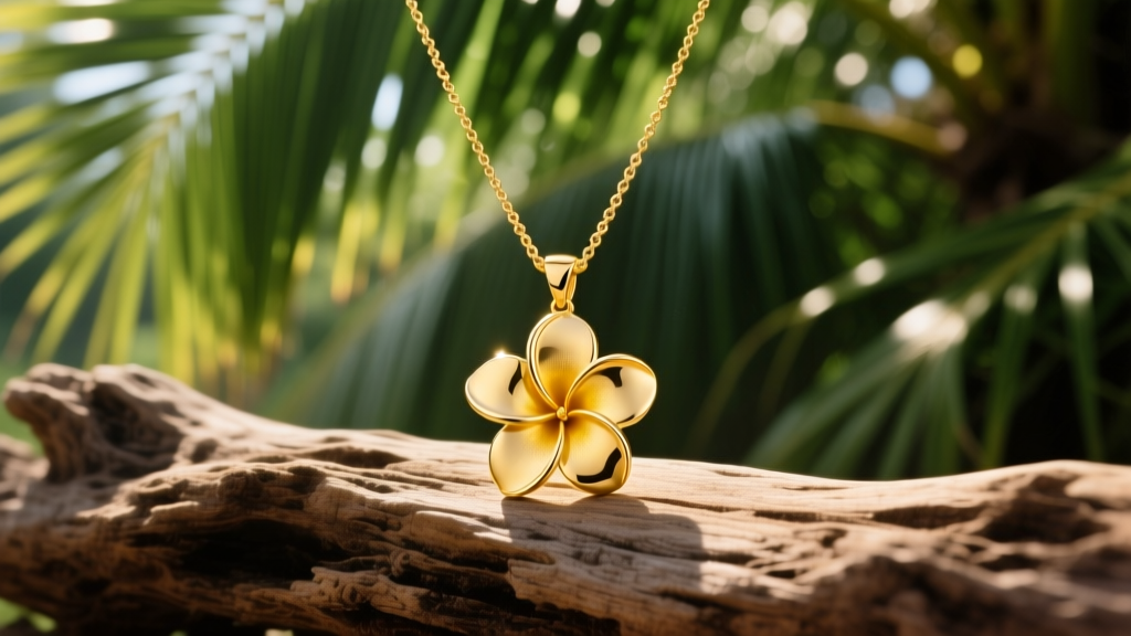 14k yellow gold plumeria pendant necklace on driftwood with soft tropical sunlight filtering through lush green palm fronds.