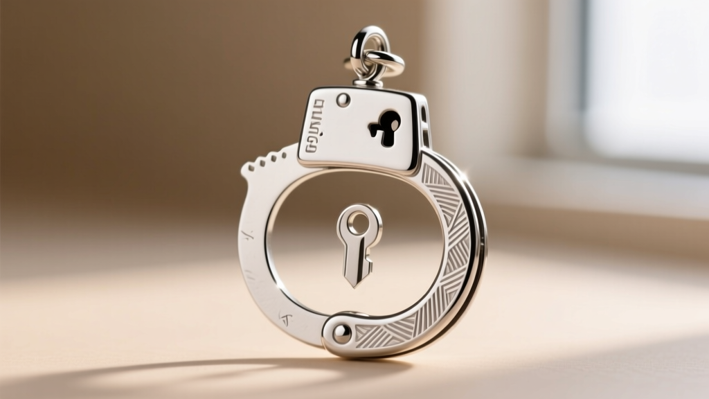 Macro shot of a sterling silver handcuff charm showing engraved textures and a keyhole detail against a softly blurred background.