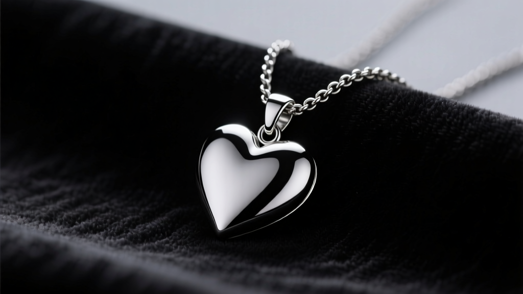 Black rhodium-plated silver heart pendant on an oxidized chain resting on matte black velvet under soft, moody studio lighting