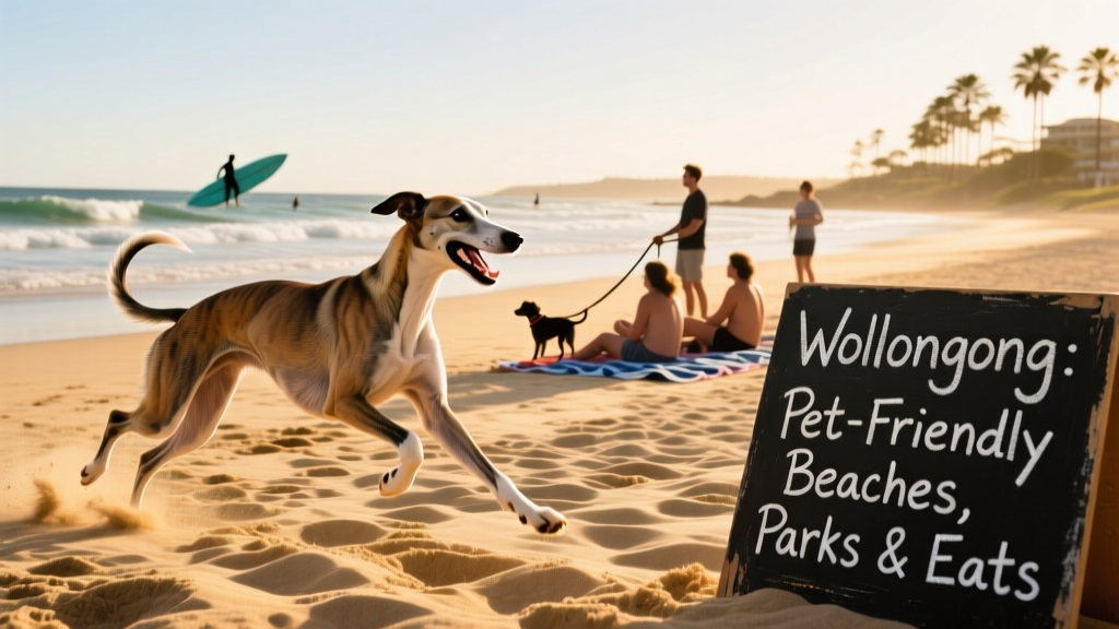 A young Whippet running joyfully along a sunlit beach in Wollongong