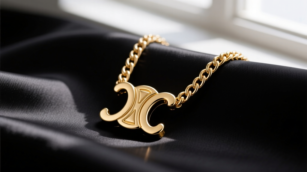 Macro photo of a gold-tone Celine Triomphe necklace pendant on black silk, highlighting the intricate chainmail motif details