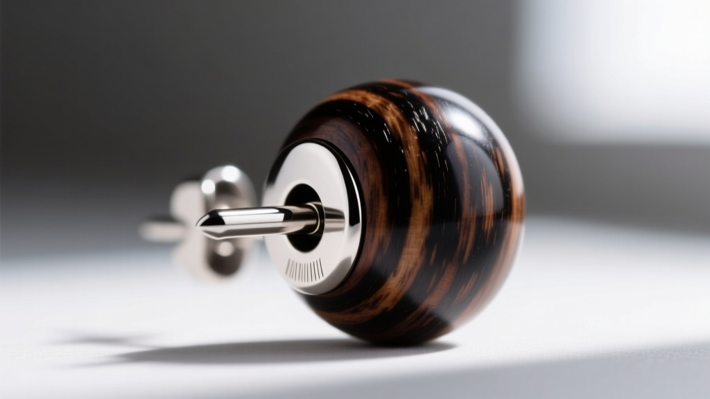 Extreme macro shot of an 18-gauge implant-grade titanium post seamlessly embedded into a polished dark zebrawood bead earring