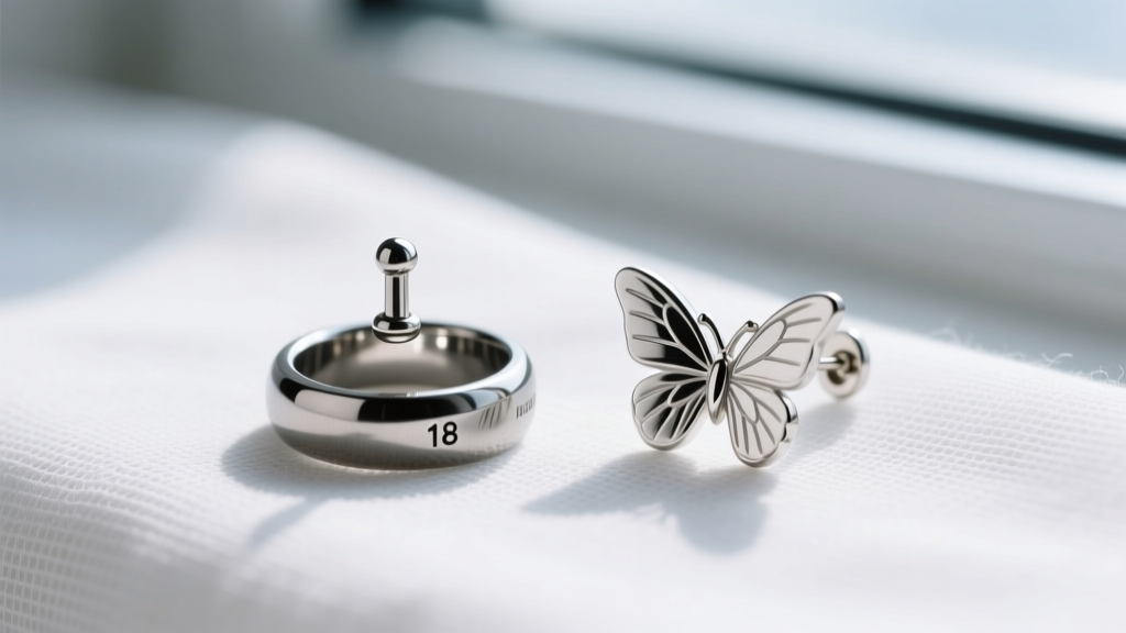 Macro shot of an 18-gauge titanium clicker ring and a standard butterfly-back earring resting side-by-side on sterile white gauze.