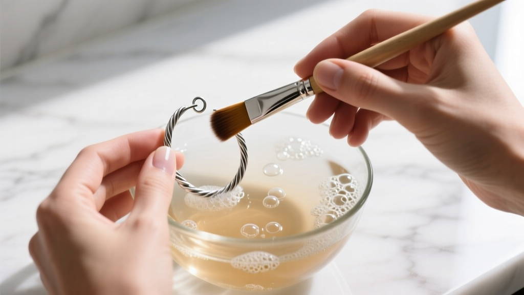 Hands using a soft brush to scrub an 18-gauge sterling silver earring wire hoop submerged in a glass bowl of warm soapy water.