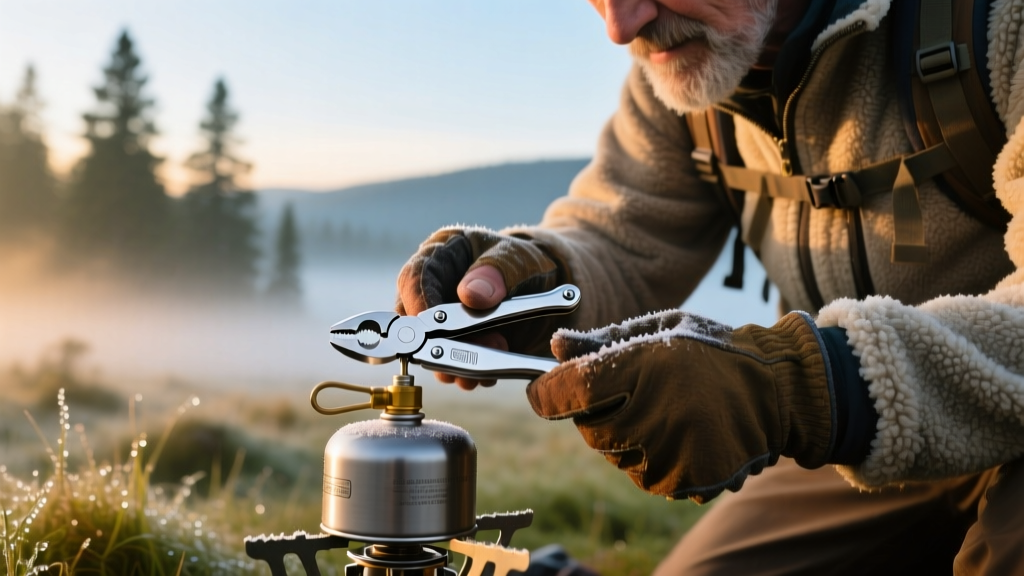 Close-up of a hiker using a premium stainless steel multitool pliers to adjust the fuel valve on a portable camp stove at dawn.