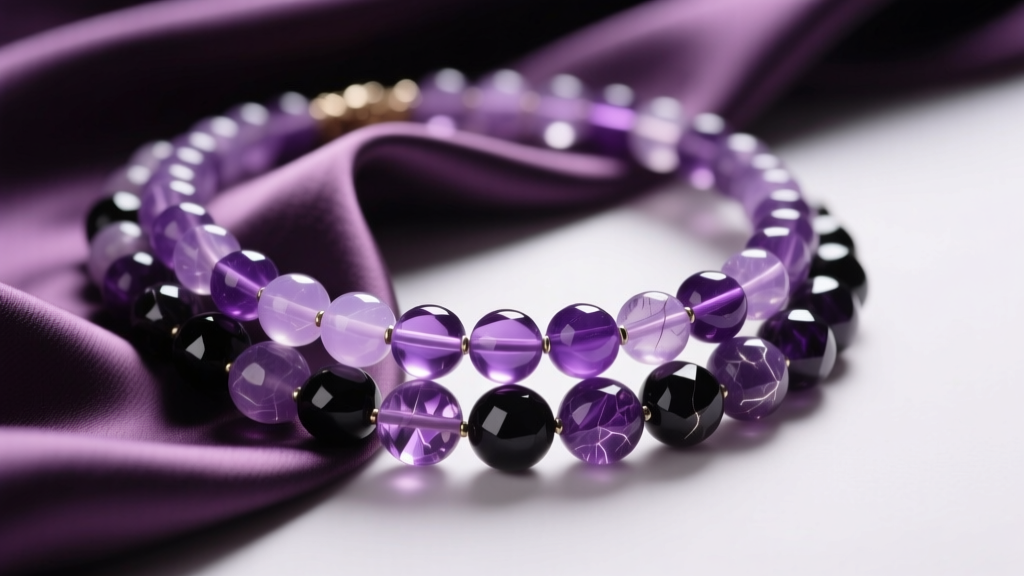 Layered purple necklace beads with 6mm amethyst and 8mm sugilite resting on draped silk fabric under soft studio lighting