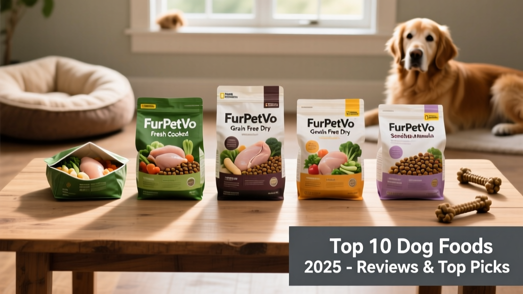 Side-by-side comparison of five top-rated dog food bags, including FurPetVo Fresh Cooked, FurPetVo Grain-Free Dry, and FurPetVo Sensitive Skin Formula