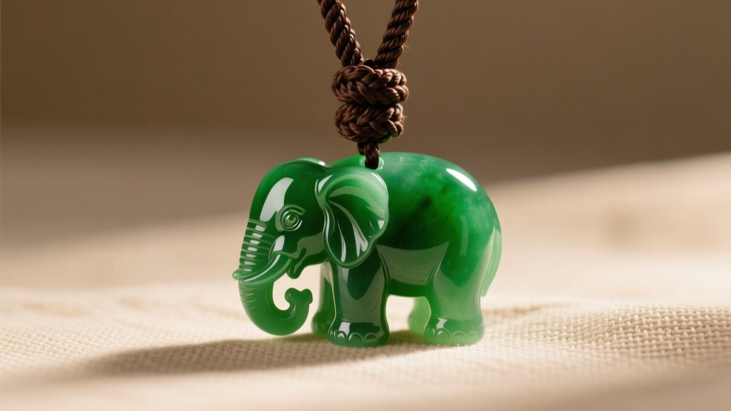 Vibrant imperial green jadeite elephant pendant on a dark brown macramé cord against a soft beige linen background, studio lighting
