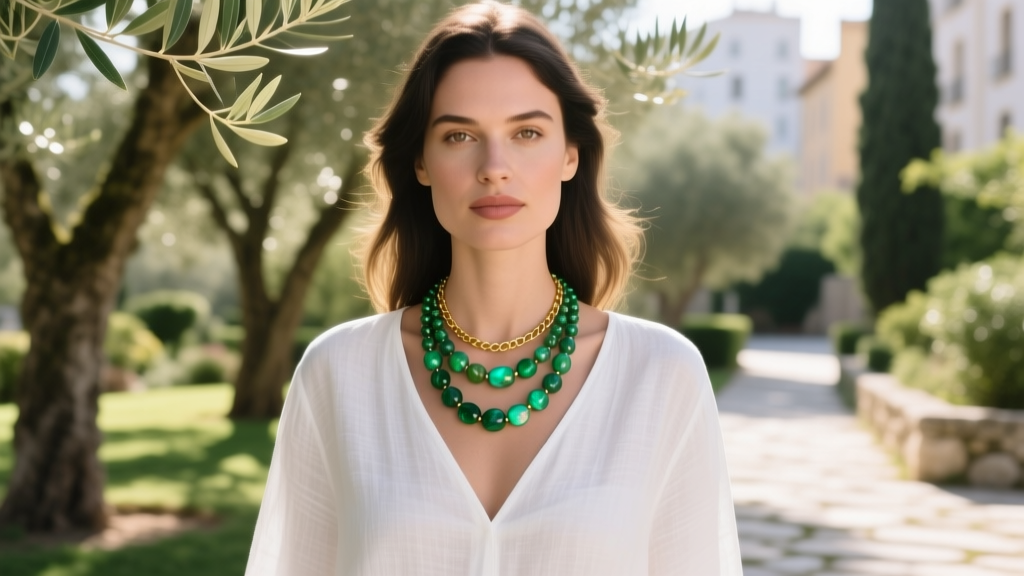 Woman wearing a layered green agate beaded necklace and delicate gold chain, styled with a white linen V-neck blouse outdoors.