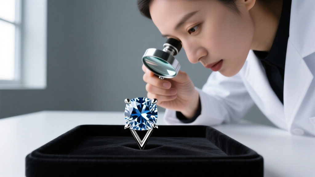 Jeweler using a 10x loupe to inspect the V-prong setting of a cushion diamond earring for prong wear and structural integrity