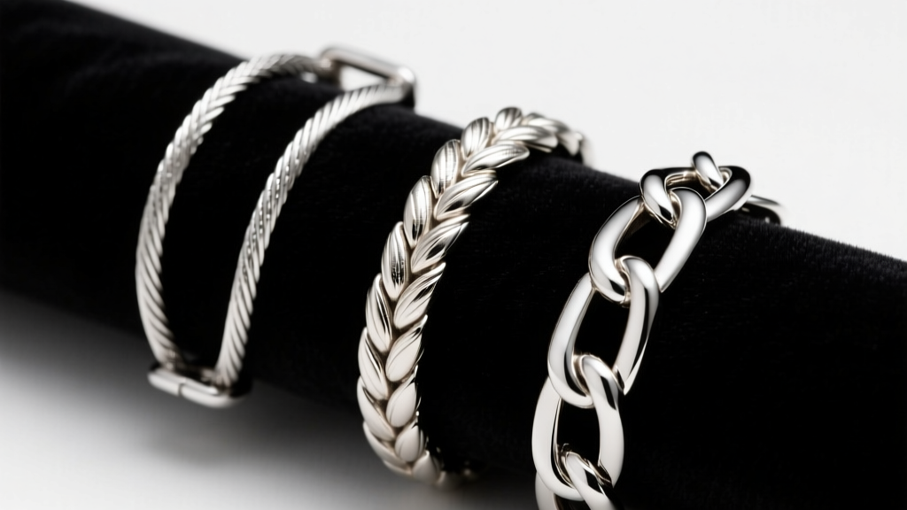Macro shot of three silver chain links: delicate cable, textured wheat, and bold figaro, placed side-by-side on dark velvet fabric.