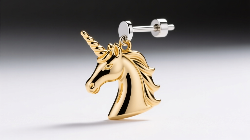 Side view of gold vermeil unicorn dangle earring showing an 18-gauge sterling silver post and thick plating on a white backdrop.