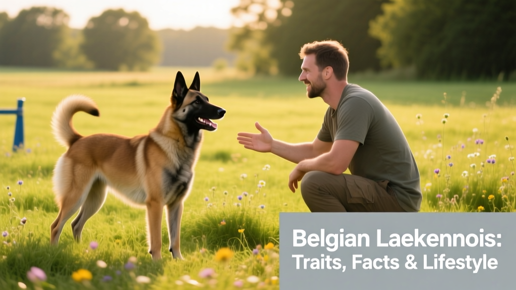 A Belgian Laekenois happily engaged in a training session with its owner in a grassy field