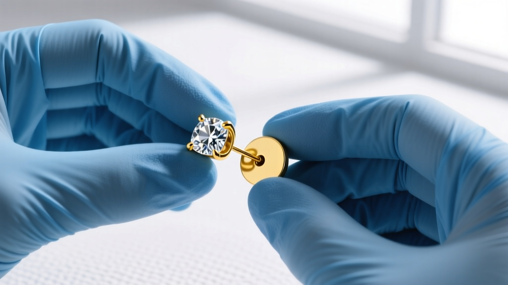 Hands in blue nitrile gloves gripping the front gem and flat back disk of a 14-gauge gold cartilage earring to safely unscrew it