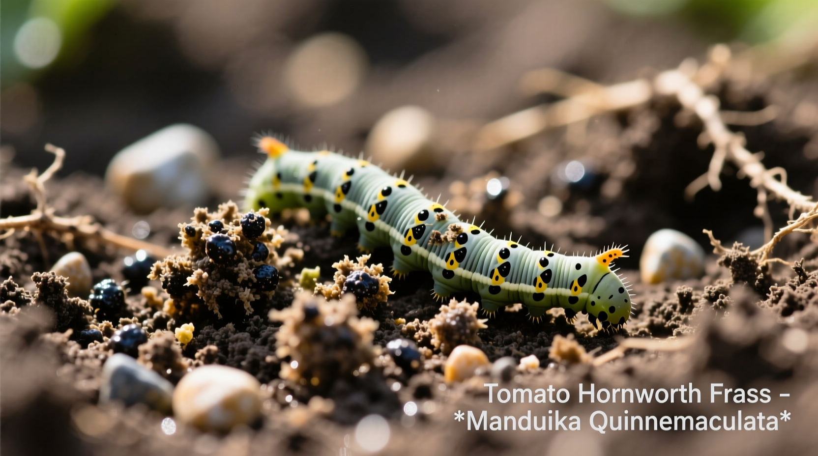 Close-up of tomato hornworm frass on garden soil