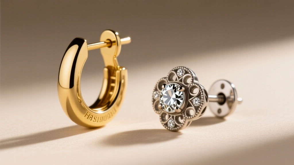Side profile of a modern gold-filled leverback earring clasp next to a genuine 1920s platinum diamond screw-back earring fitting
