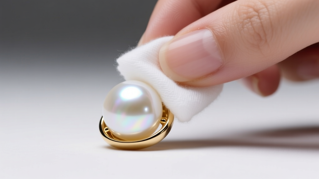 Hands wiping a round white Akoya pearl set in a 14k gold bezel with a damp, lint-free cotton swab under bright studio lighting.