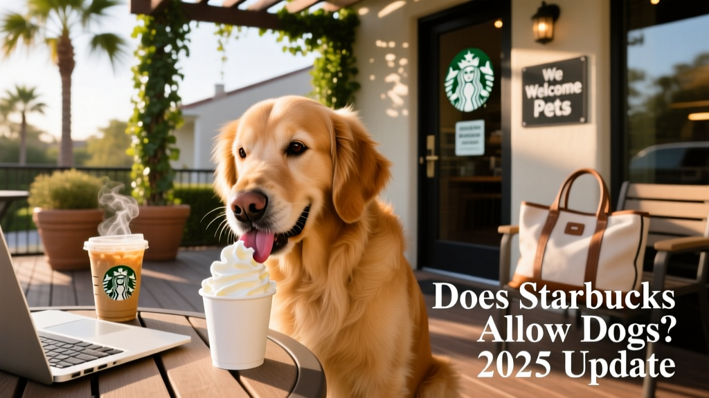 A happy dog lapping whipped cream from a small paper cup on a Starbucks patio