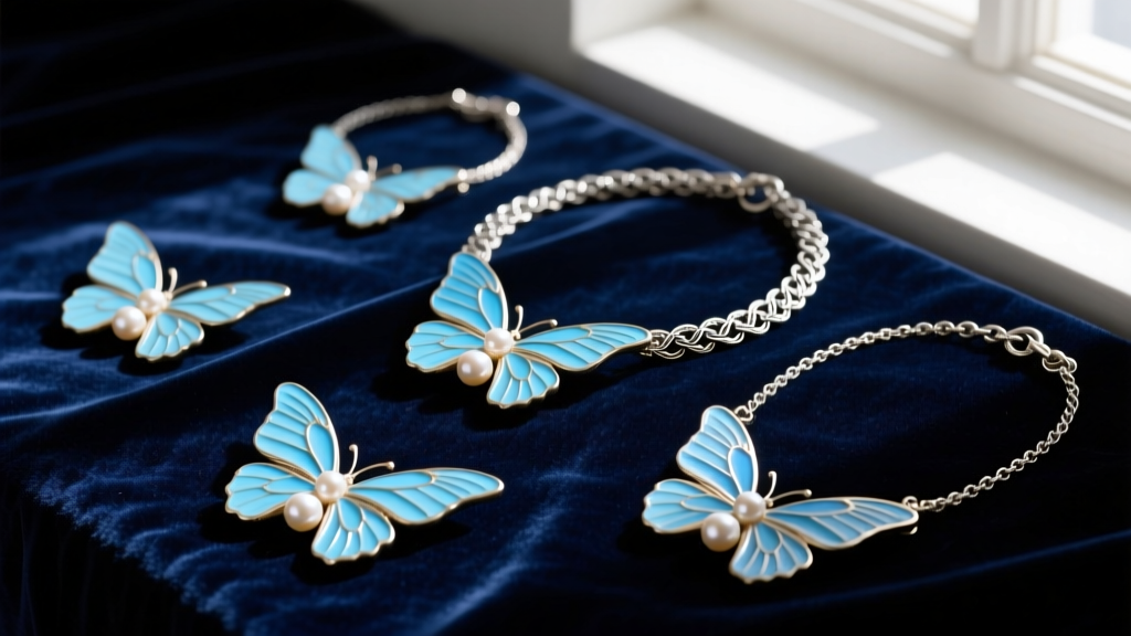 Flat lay of vintage butterfly necklaces with blue enamel wings, small pearls, and oxidized sterling silver chains on dark velvet.