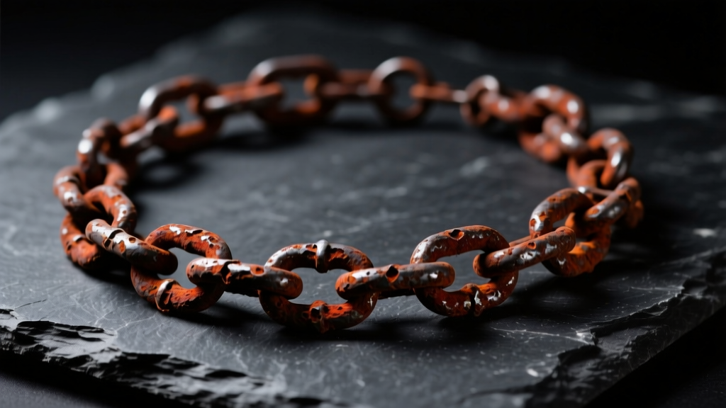 Close-up of a rusted steel chain necklace on dark slate, illuminated by moody studio lighting to highlight corrosion details.