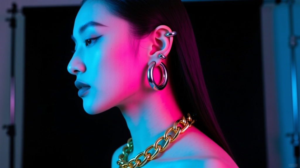 Side profile of a stylist wearing layered 14g titanium helix hoops and a heavy gold chain, shot in moody neon studio lighting