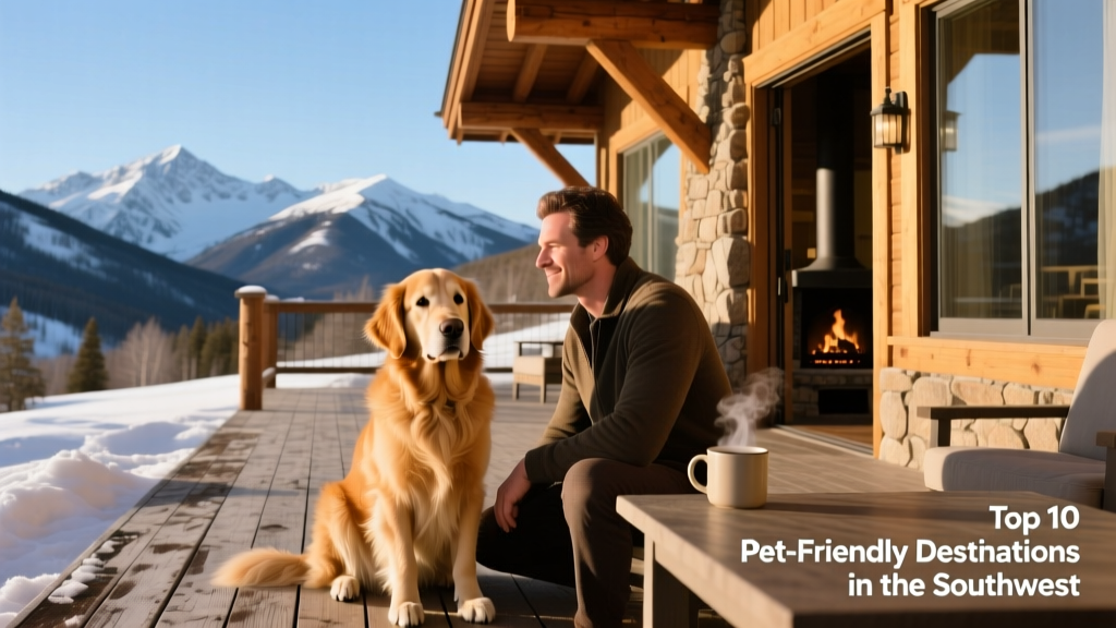 A golden retriever sitting calmly beside its owner on the patio of a high-end mountain lodge in Aspen, with snow-capped peaks in the distance