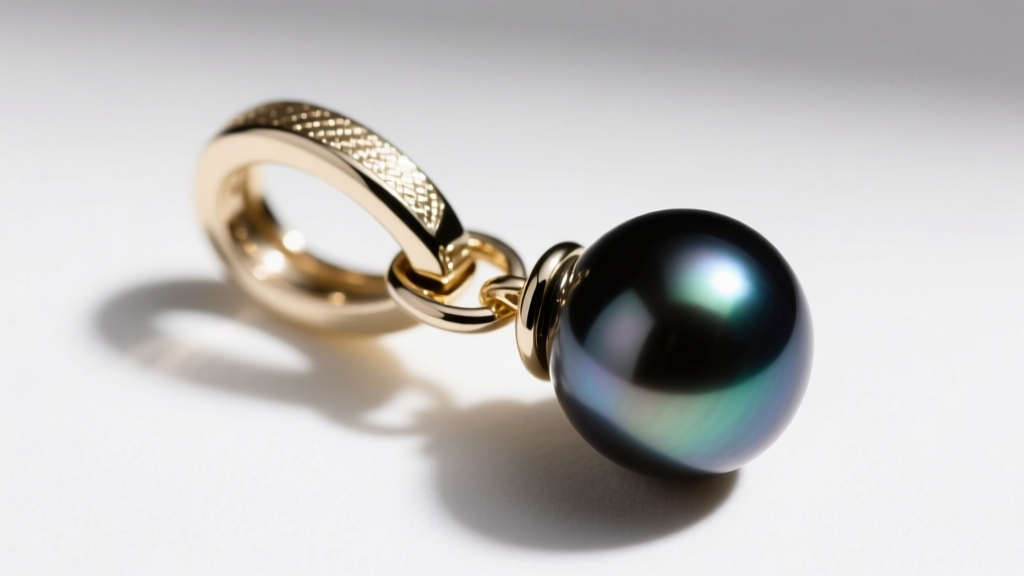 Macro shot of a 14k white gold leverback clasp holding a dark Tahitian pearl dangle, highlighting the hinged closure mechanism.