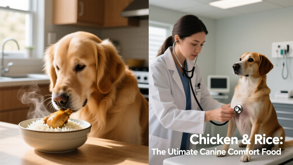 Side-by-side comparison: a dog eating from a clean bowl of chicken and rice, and a veterinarian examining a dog’s abdomen during a wellness check